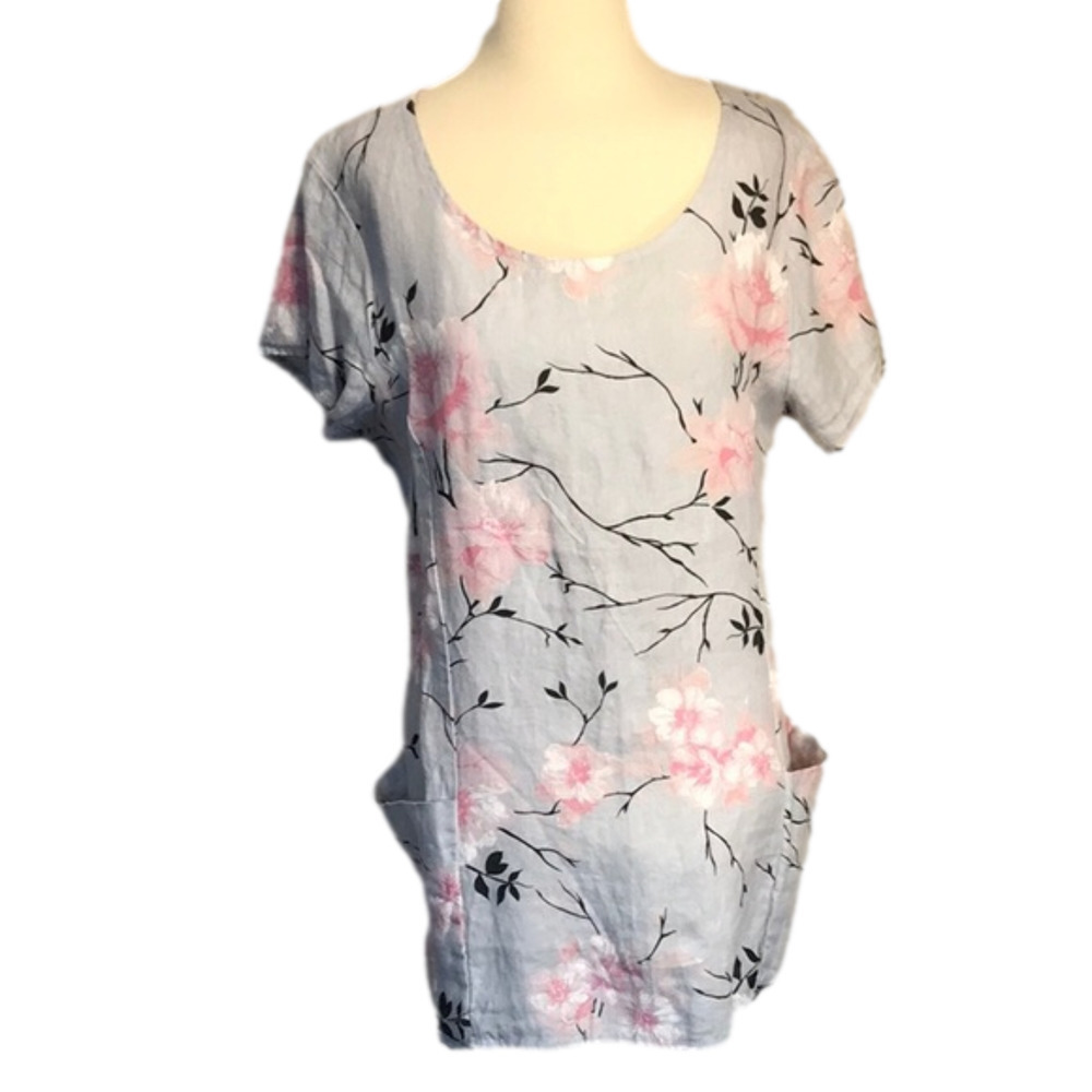 New LUCA VANUCCI Women's Large Grey and Pink Floral Linen Top Pockets‎ Lagenlook